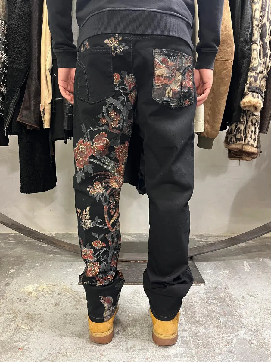 AW2006 Roberto Cavalli Black Embroidered Flowers Artisanal Pants (L) lMrufHY 1