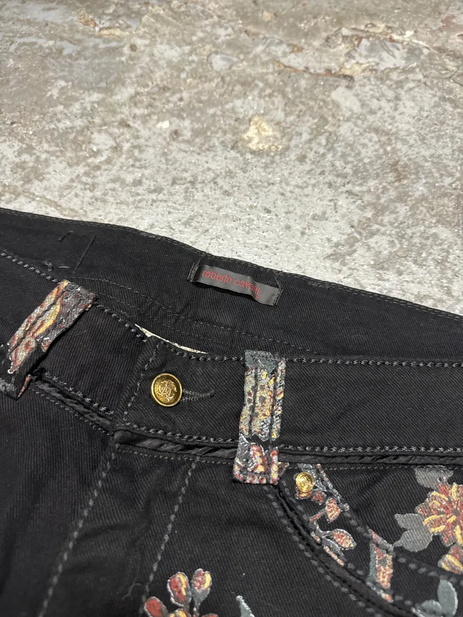 AW2006 Roberto Cavalli Black Embroidered Flowers Artisanal Pants (L) lMrufHY 11
