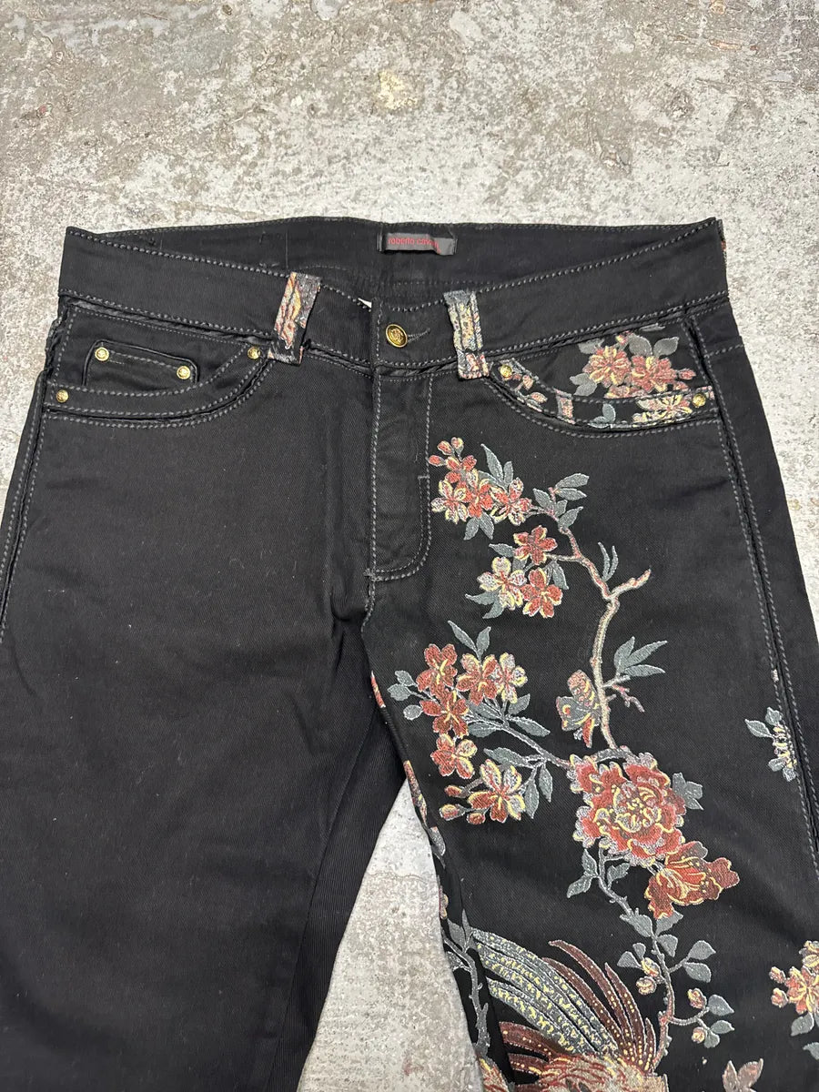 AW2006 Roberto Cavalli Black Embroidered Flowers Artisanal Pants (L) lMrufHY 12