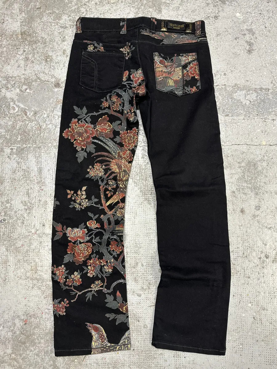 AW2006 Roberto Cavalli Black Embroidered Flowers Artisanal Pants (L) lMrufHY 2