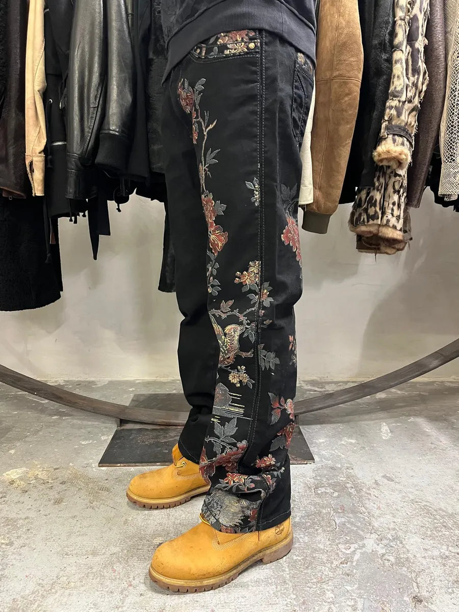AW2006 Roberto Cavalli Black Embroidered Flowers Artisanal Pants (L) lMrufHY 3