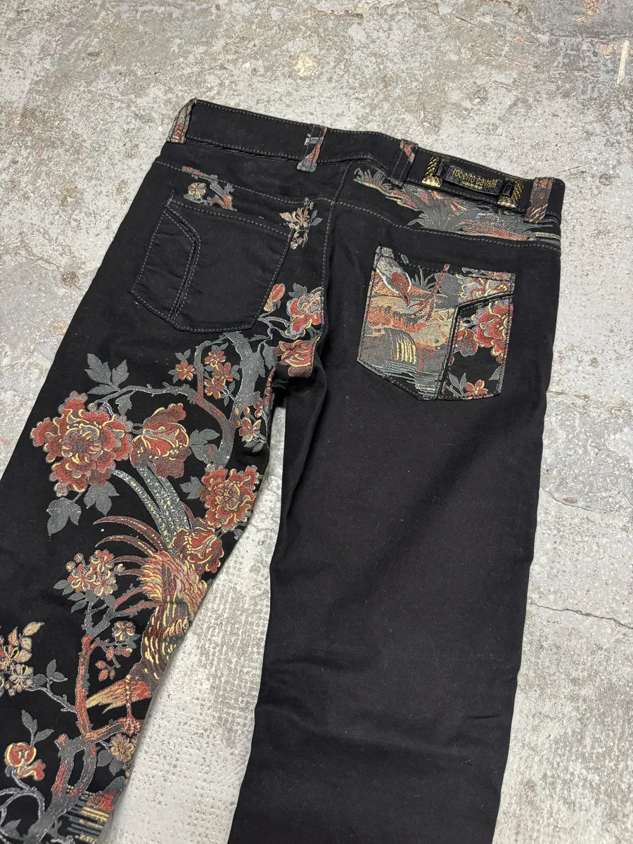 AW2006 Roberto Cavalli Black Embroidered Flowers Artisanal Pants (L) lMrufHY 6