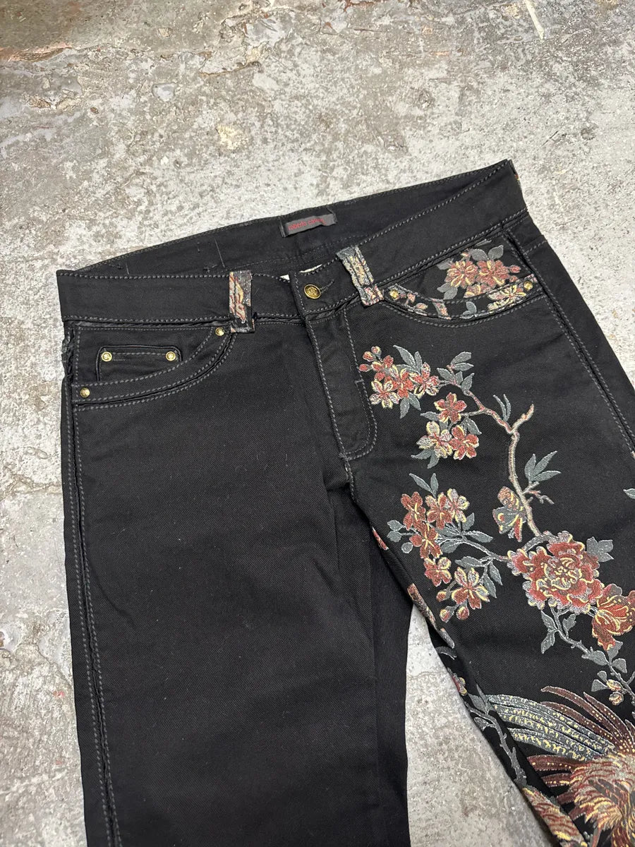 AW2006 Roberto Cavalli Black Embroidered Flowers Artisanal Pants (L) lMrufHY 8