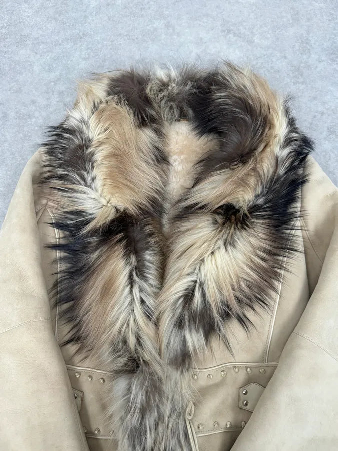 AW2006 Roberto Cavalli Fox Fur Collar Beige Leather Coat IbxdIkL 7