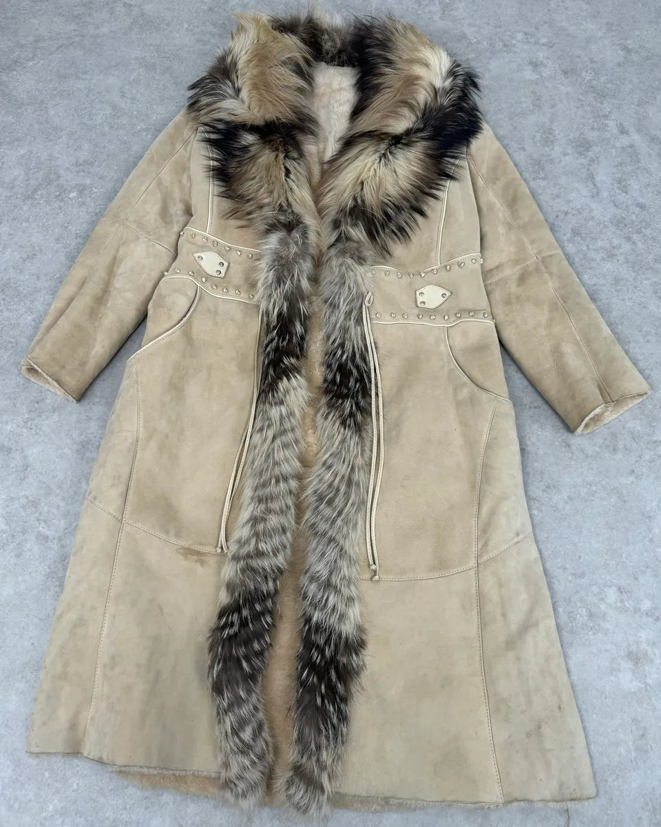 AW2006 Roberto Cavalli Fox Fur Collar Beige Leather Coat IbxdIkL 2
