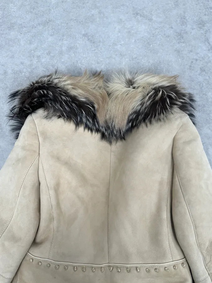 AW2006 Roberto Cavalli Fox Fur Collar Beige Leather Coat IbxdIkL 5