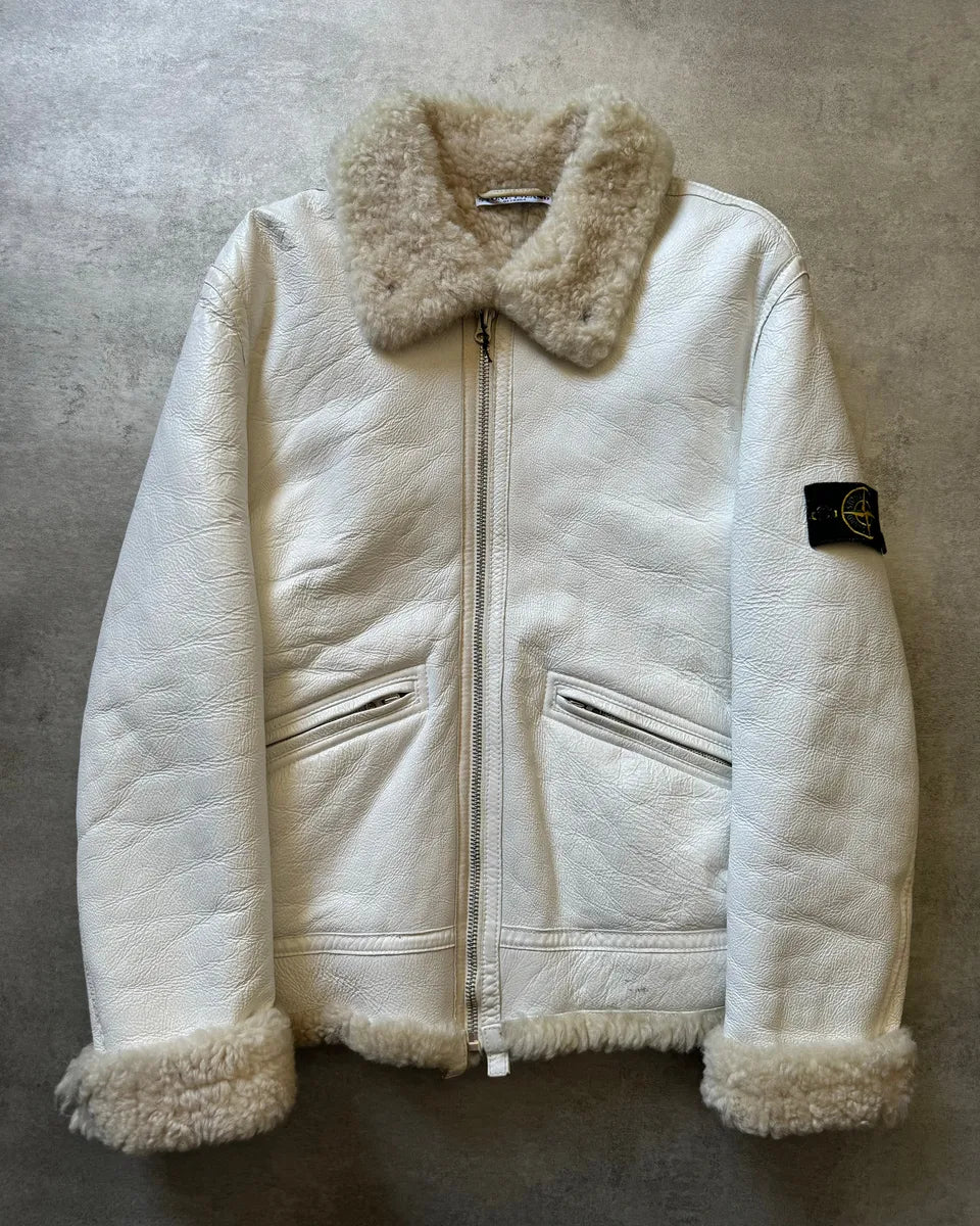 AW2006 Stone Island Hand Painted Sheepskin White Shearling Leather Jacket (L) nyJxmOr 0
