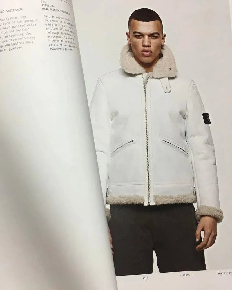 AW2006 Stone Island Hand Painted Sheepskin White Shearling Leather Jacket (L) nyJxmOr 1