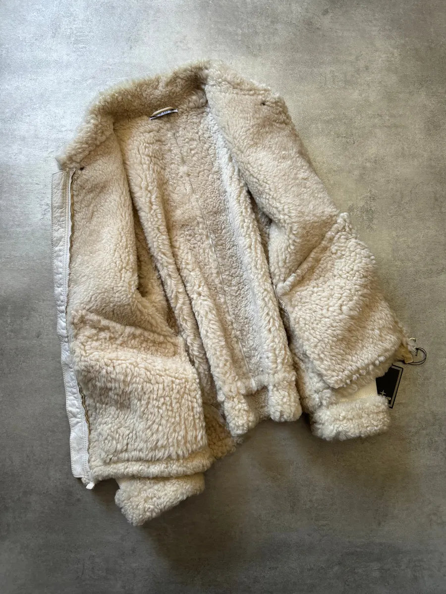 AW2006 Stone Island Hand Painted Sheepskin White Shearling Leather Jacket (L) nyJxmOr 2