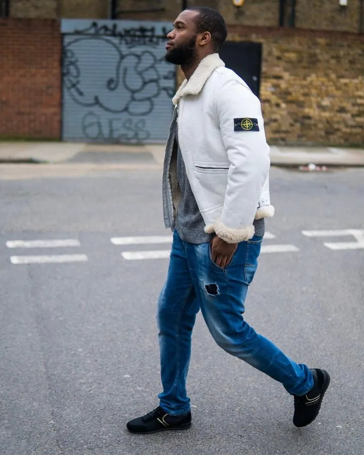 AW2006 Stone Island Hand Painted Sheepskin White Shearling Leather Jacket (L) nyJxmOr 3