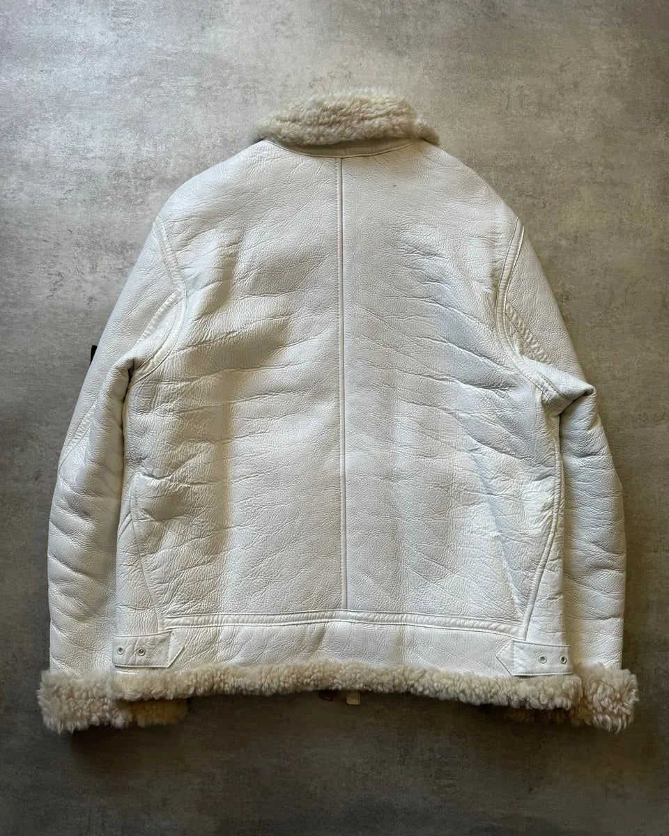 AW2006 Stone Island Hand Painted Sheepskin White Shearling Leather Jacket (L) nyJxmOr 4