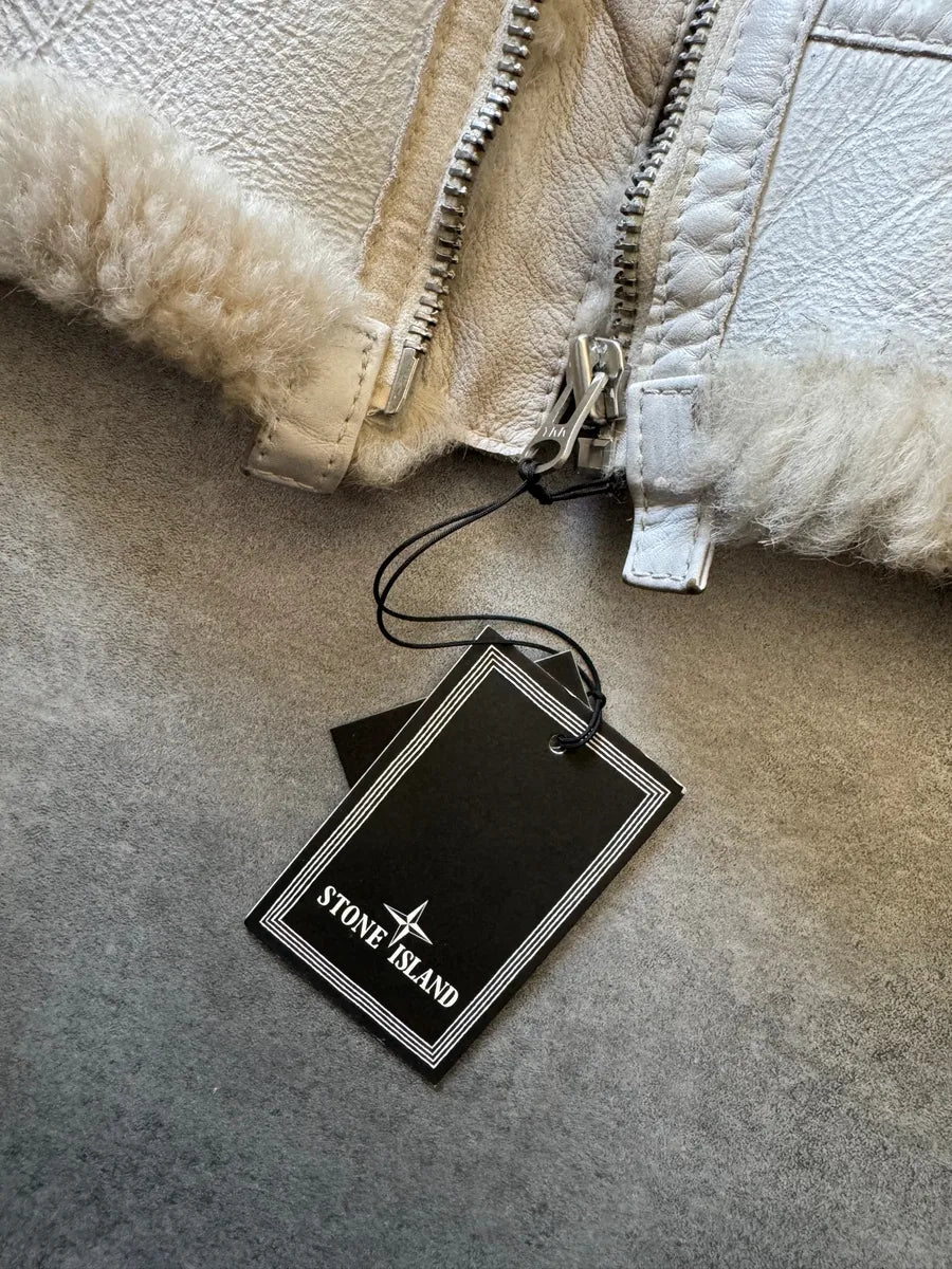 AW2006 Stone Island Hand Painted Sheepskin White Shearling Leather Jacket (L) nyJxmOr 9