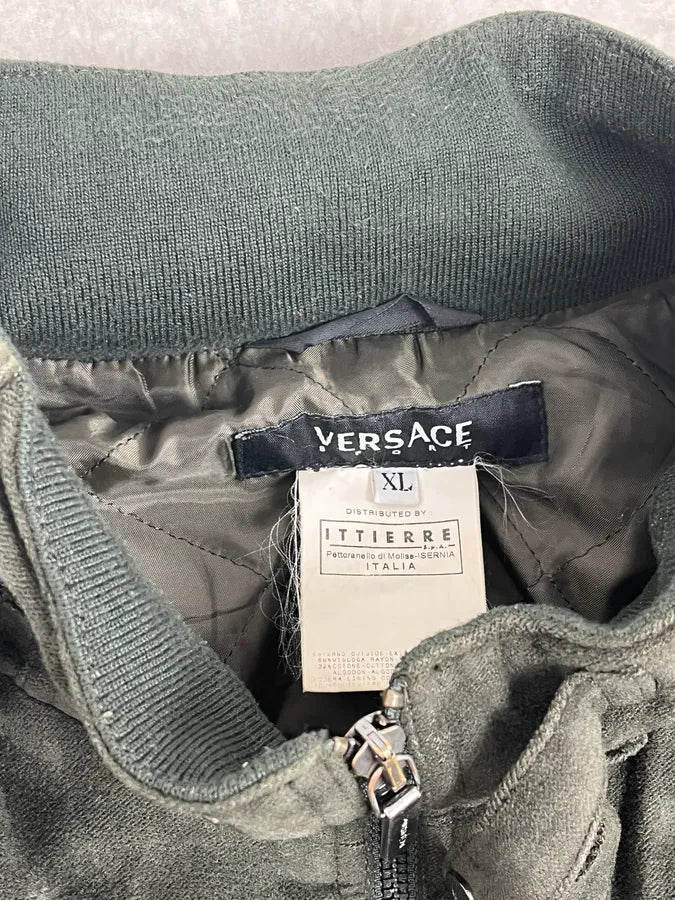 AW2006 Versace Olive Suede Leather Striped Bomber Jacket wcnCUks 11