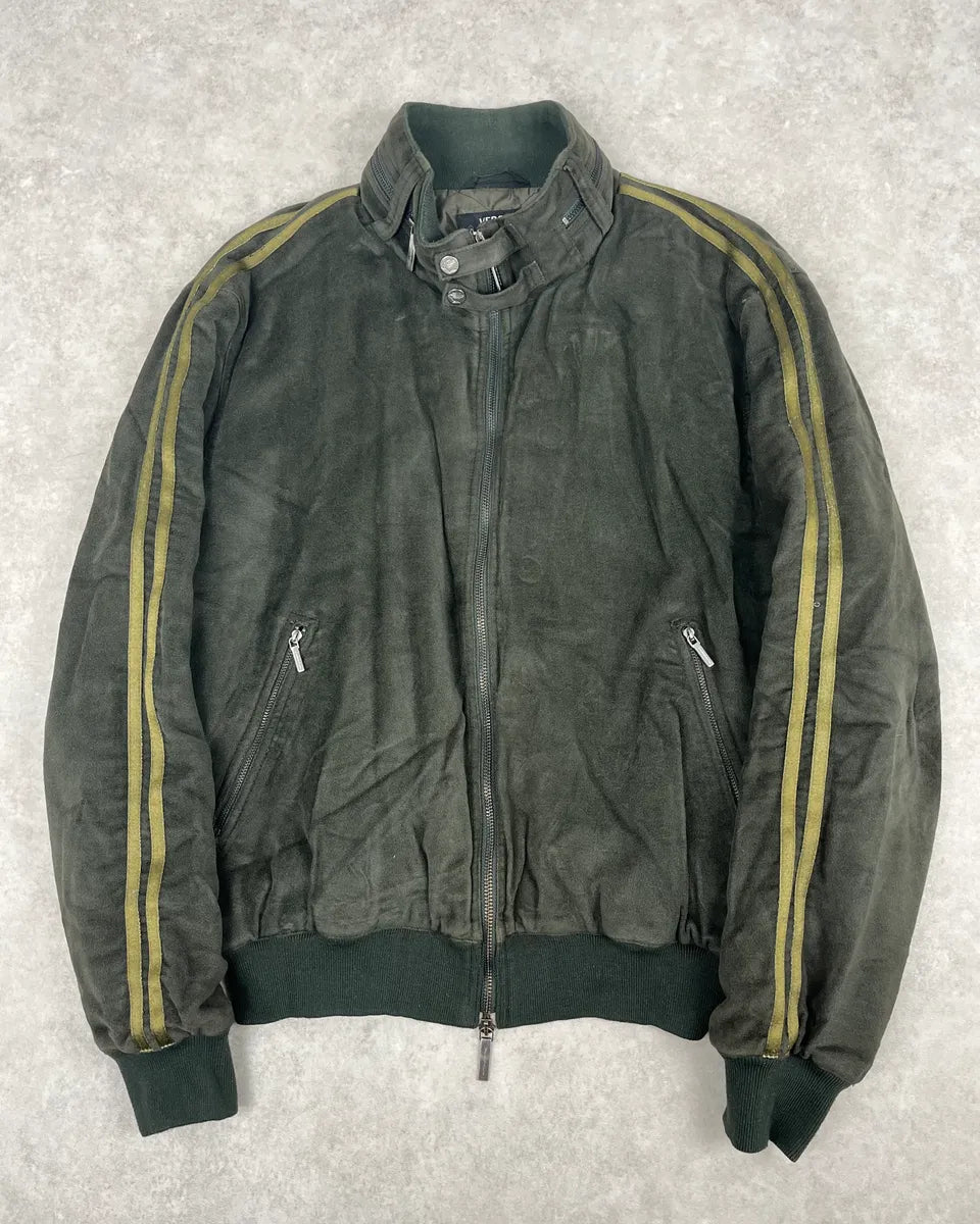 AW2006 Versace Olive Suede Leather Striped Bomber Jacket wcnCUks 0