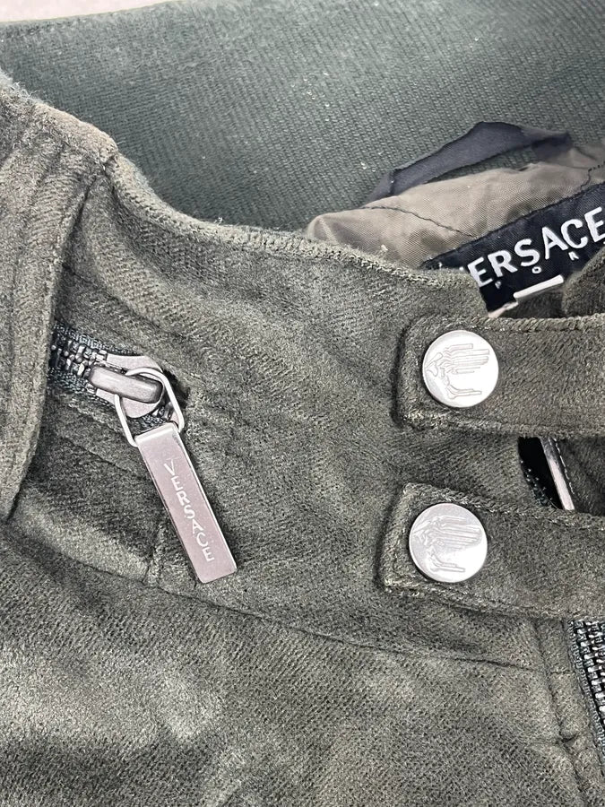 AW2006 Versace Olive Suede Leather Striped Bomber Jacket wcnCUks 9