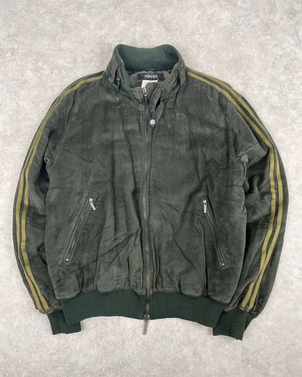 AW2006 Versace Olive Suede Leather Striped Bomber Jacket wcnCUks 4