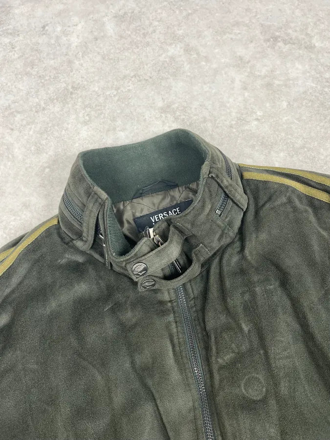 AW2006 Versace Olive Suede Leather Striped Bomber Jacket wcnCUks 6