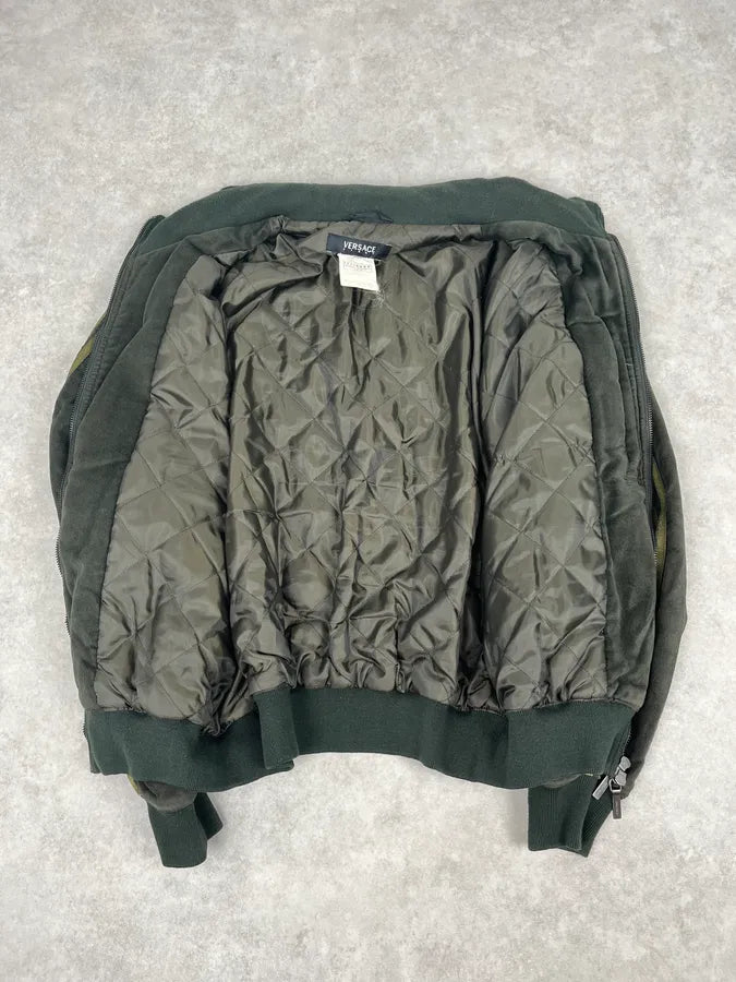 AW2006 Versace Olive Suede Leather Striped Bomber Jacket wcnCUks 8