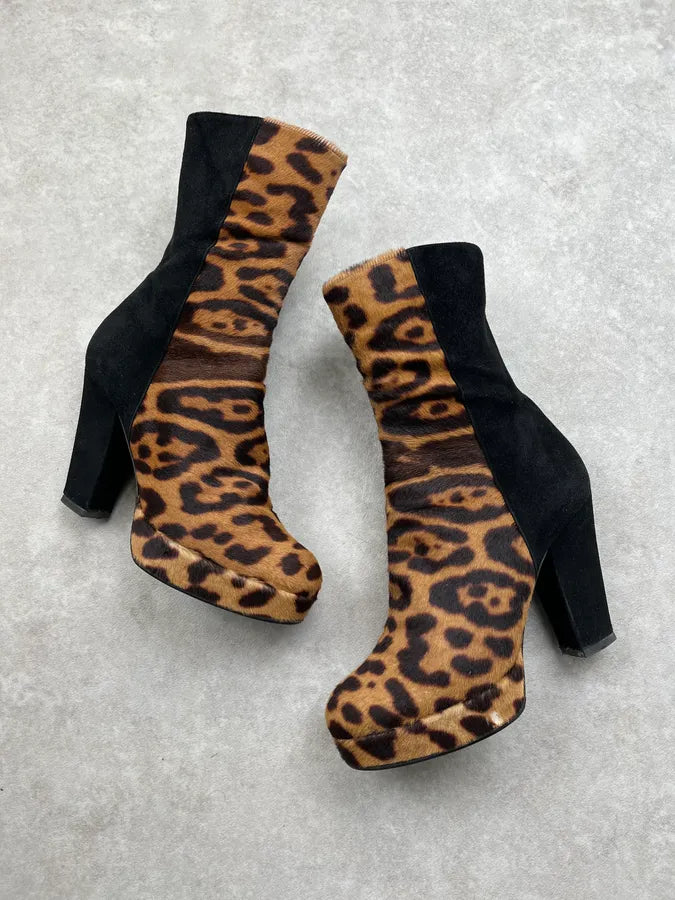AW2006 Yves Saint Laurent Black Suede Leopard Heels Boots xhEwwGm 1