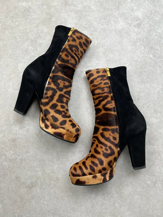 AW2006 Yves Saint Laurent Black Suede Leopard Heels Boots xhEwwGm 2