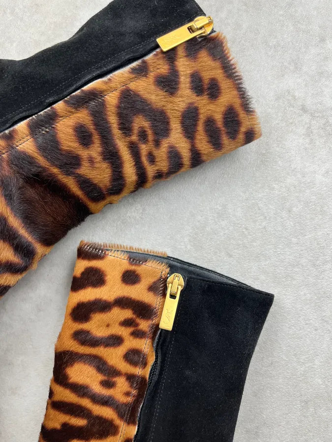 AW2006 Yves Saint Laurent Black Suede Leopard Heels Boots xhEwwGm 3
