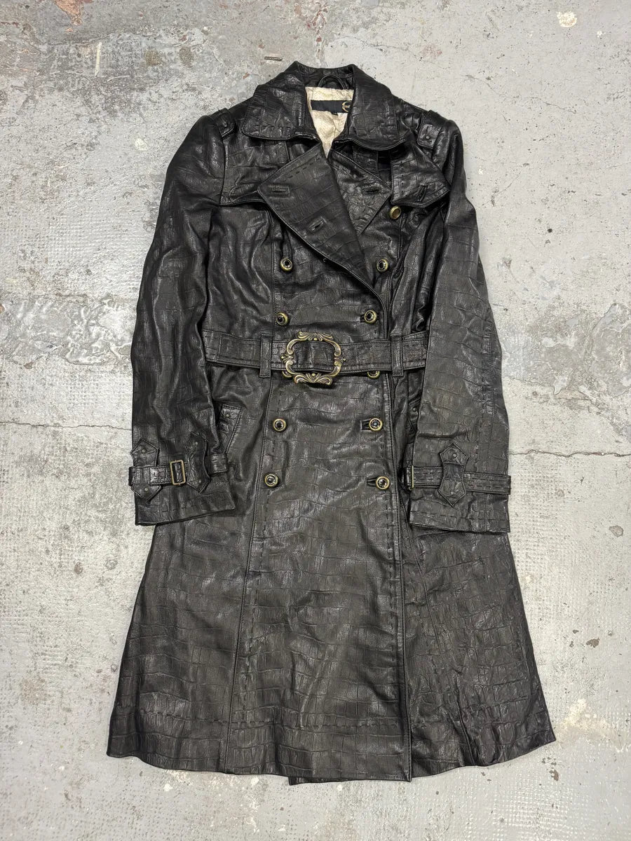 AW2007 Cavalli Crococile Effect Leather Ornament Buckle Black Trench Jacket TPGrnXs 0