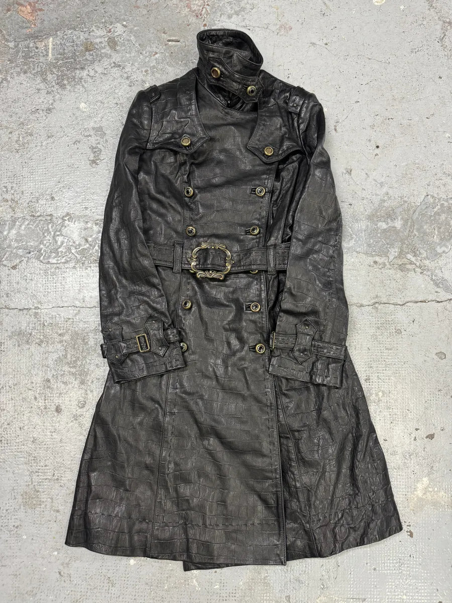 AW2007 Cavalli Crococile Effect Leather Ornament Buckle Black Trench Jacket TPGrnXs 3