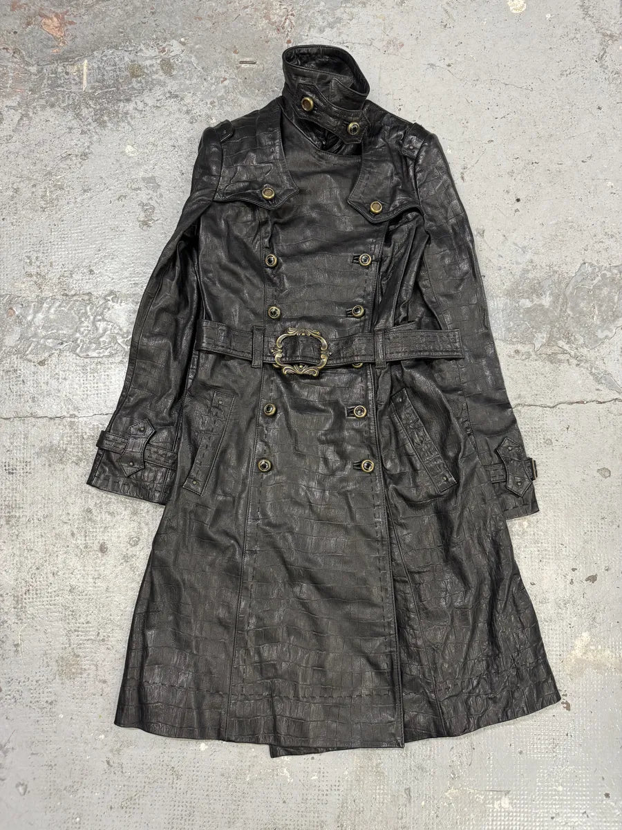 AW2007 Cavalli Crococile Effect Leather Ornament Buckle Black Trench Jacket TPGrnXs 5