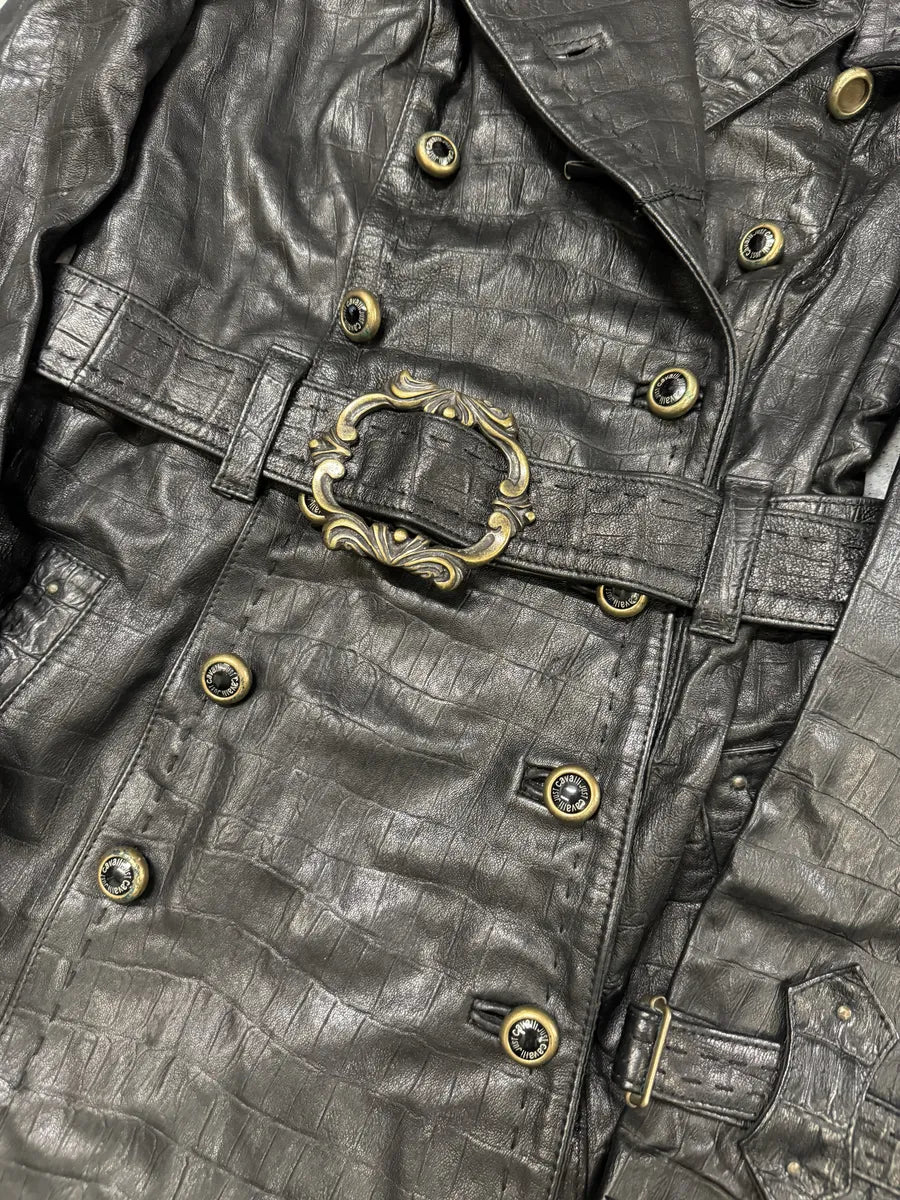AW2007 Cavalli Crococile Effect Leather Ornament Buckle Black Trench Jacket TPGrnXs 8