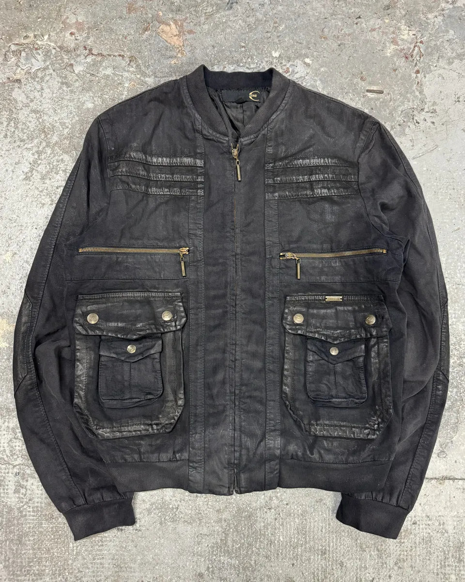 AW2007 Cavalli Utility Multi Pockets Black Waxed Bomber Jacket NjgztDF 0
