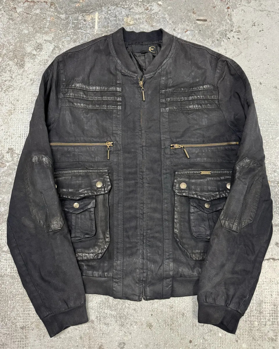 AW2007 Cavalli Utility Multi Pockets Black Waxed Bomber Jacket NjgztDF 2