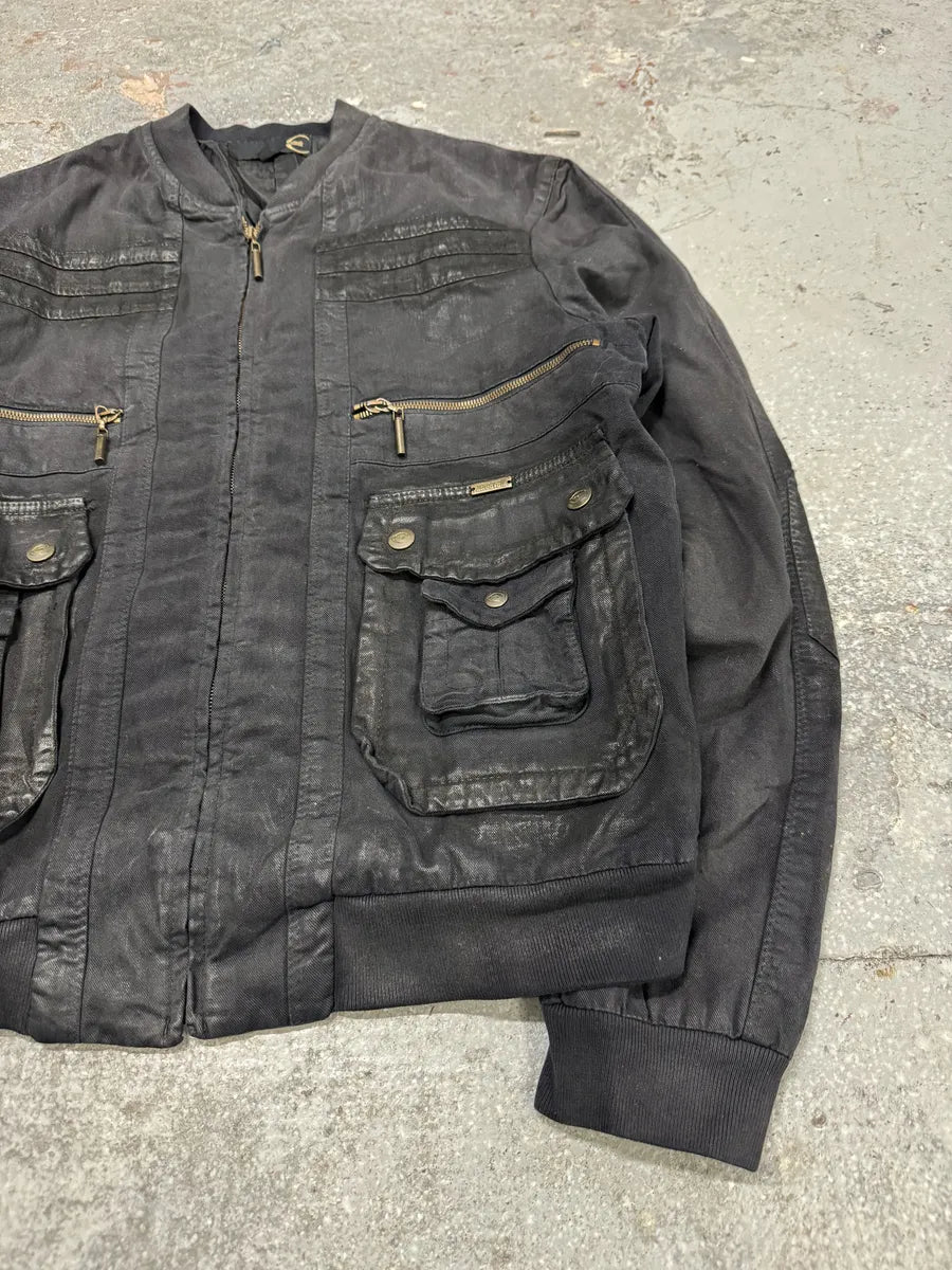 AW2007 Cavalli Utility Multi Pockets Black Waxed Bomber Jacket NjgztDF 4