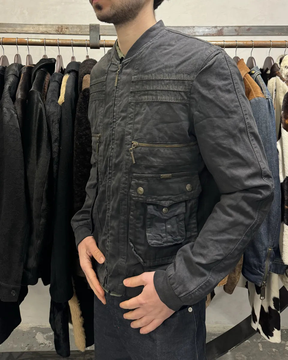 AW2007 Cavalli Utility Multi Pockets Black Waxed Bomber Jacket NjgztDF 1