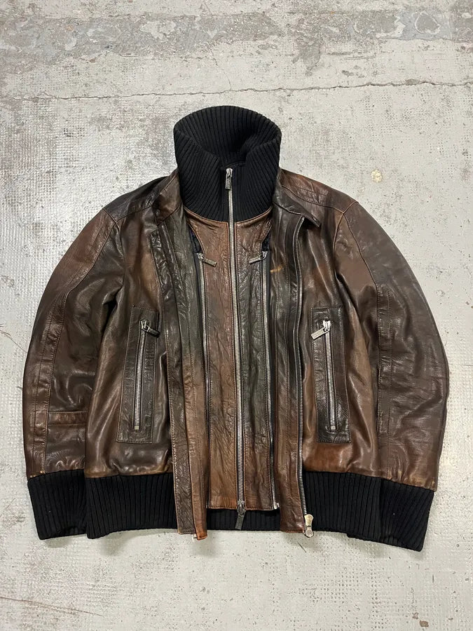 AW2007 Dirk Bikkembergs Layered High Collar Brown Leather Jacket ugrQOqL 0
