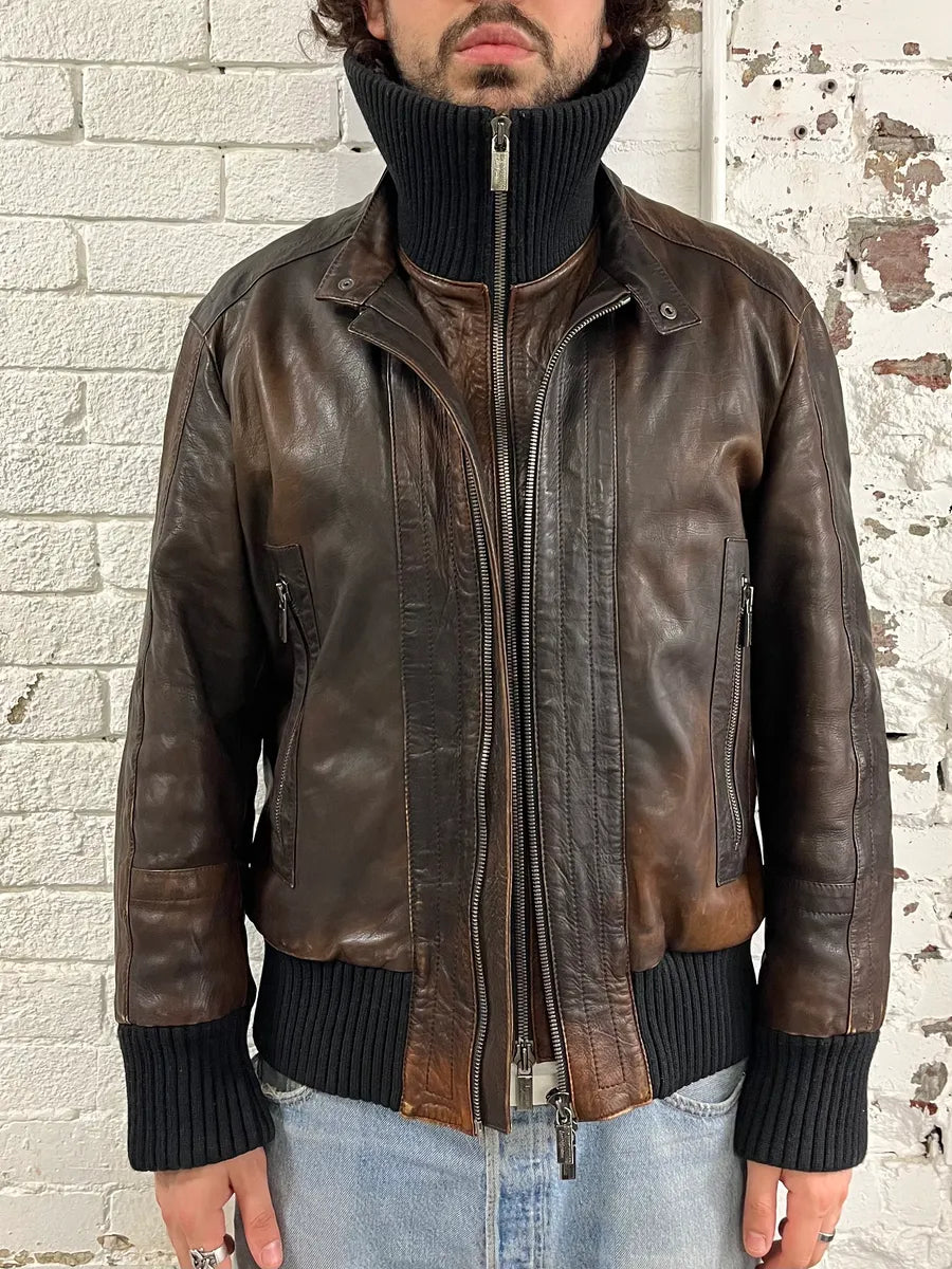 AW2007 Dirk Bikkembergs Layered High Collar Brown Leather Jacket ugrQOqL 1