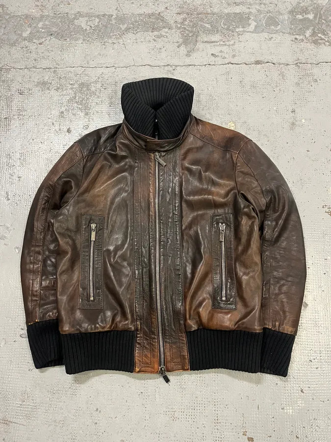 AW2007 Dirk Bikkembergs Layered High Collar Brown Leather Jacket ugrQOqL 3