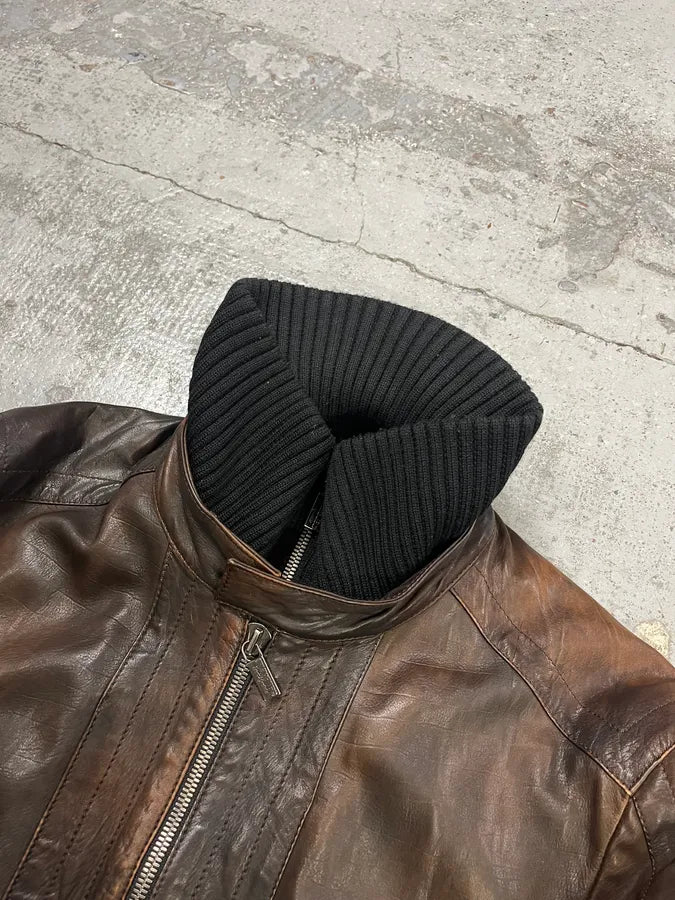 AW2007 Dirk Bikkembergs Layered High Collar Brown Leather Jacket ugrQOqL 4