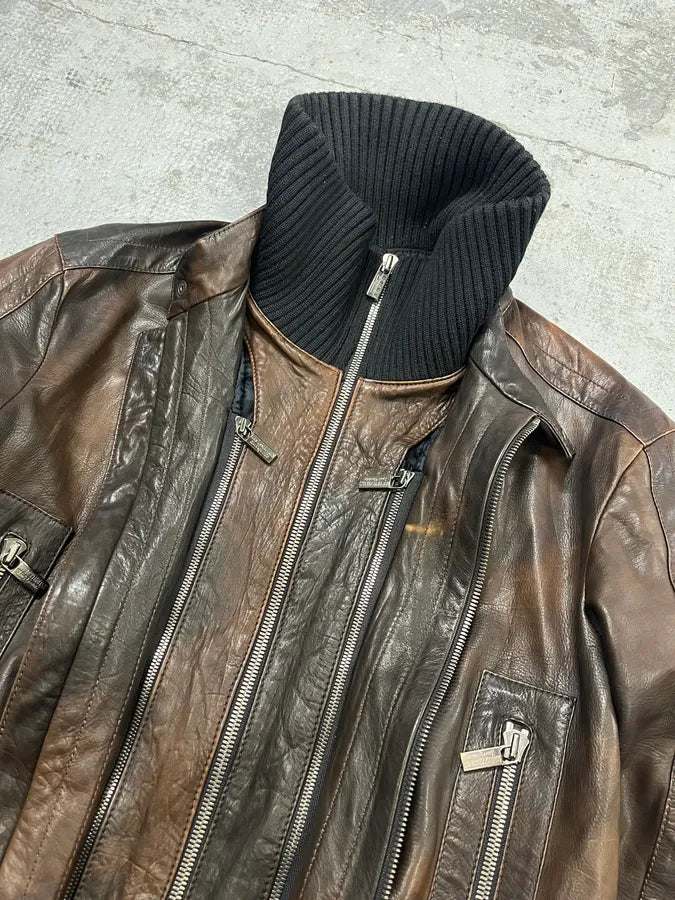 AW2007 Dirk Bikkembergs Layered High Collar Brown Leather Jacket ugrQOqL 5