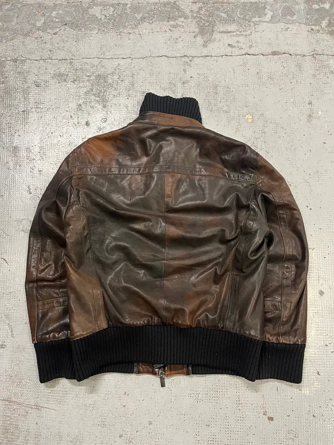 AW2007 Dirk Bikkembergs Layered High Collar Brown Leather Jacket ugrQOqL 7