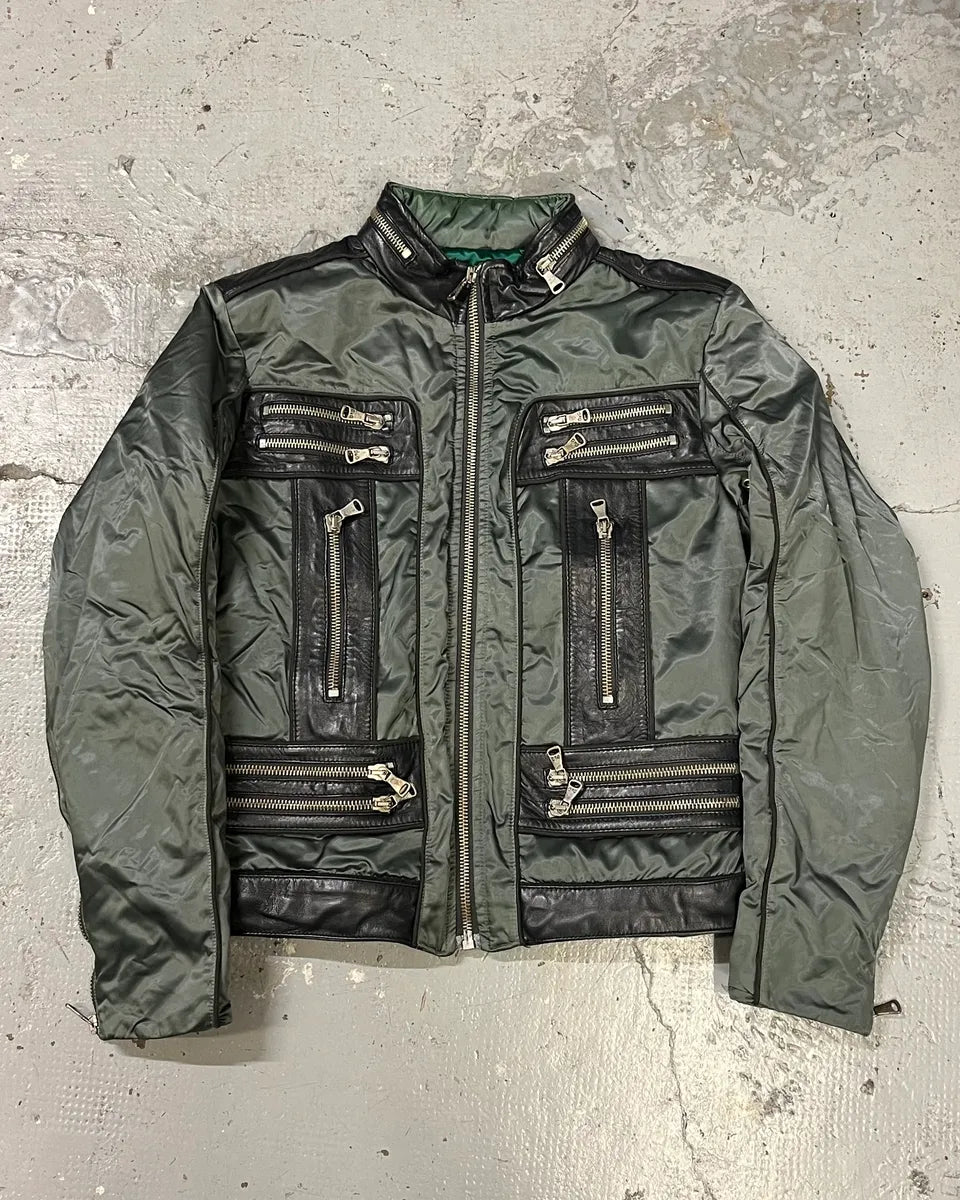 AW2007 Dolce & Gabbana Green Nylon Black Leather Multi Zips Biker Jacket vxIUNcg 0