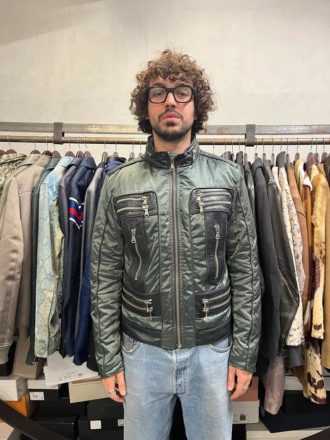 AW2007 Dolce & Gabbana Green Nylon Black Leather Multi Zips Biker Jacket vxIUNcg 2