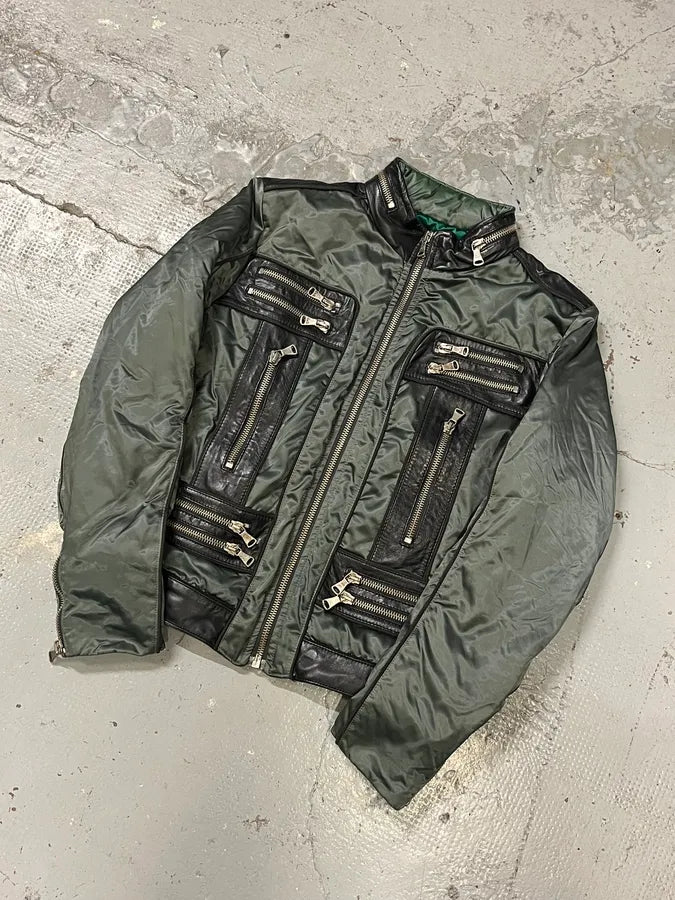 AW2007 Dolce & Gabbana Green Nylon Black Leather Multi Zips Biker Jacket vxIUNcg 4