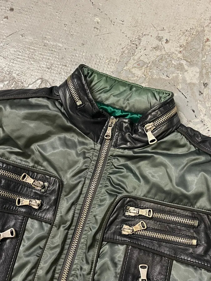 AW2007 Dolce & Gabbana Green Nylon Black Leather Multi Zips Biker Jacket vxIUNcg 5