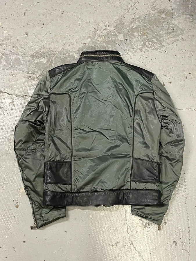 AW2007 Dolce & Gabbana Green Nylon Black Leather Multi Zips Biker Jacket vxIUNcg 6
