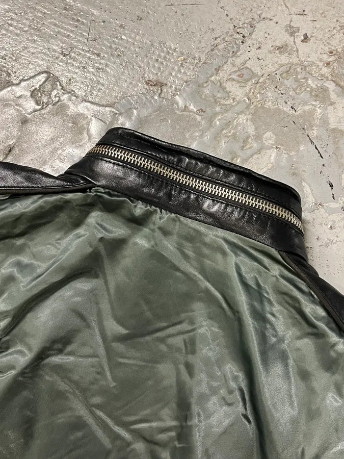 AW2007 Dolce & Gabbana Green Nylon Black Leather Multi Zips Biker Jacket vxIUNcg 7