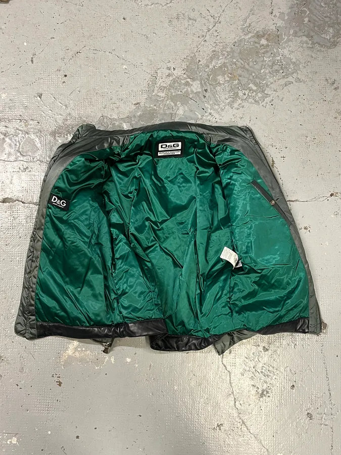 AW2007 Dolce & Gabbana Green Nylon Black Leather Multi Zips Biker Jacket vxIUNcg 8