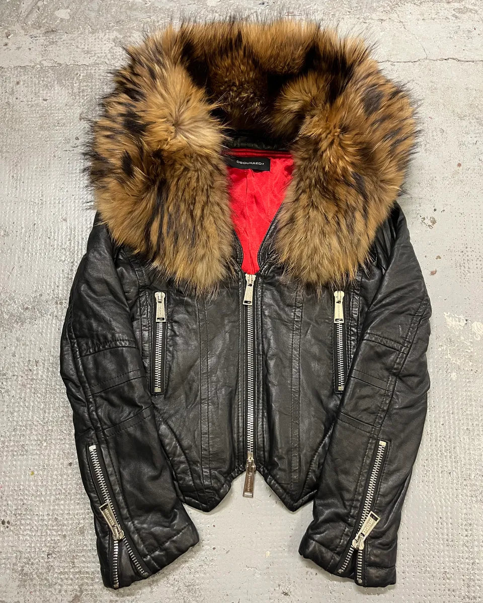 AW2007 Dsquared2 Black Leather Detachable Fur-Collar Jacket ZxXwKUS 0