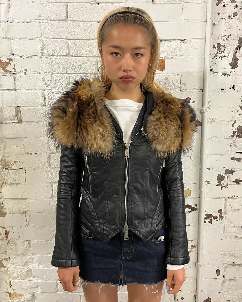 AW2007 Dsquared2 Black Leather Detachable Fur-Collar Jacket ZxXwKUS 1