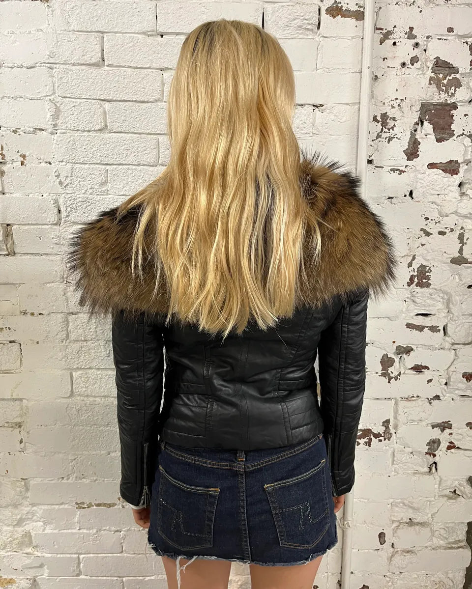 AW2007 Dsquared2 Black Leather Detachable Fur-Collar Jacket ZxXwKUS 2