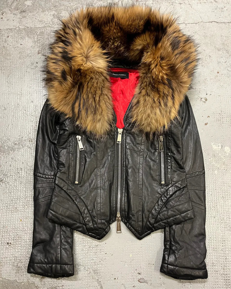 AW2007 Dsquared2 Black Leather Detachable Fur-Collar Jacket ZxXwKUS 3